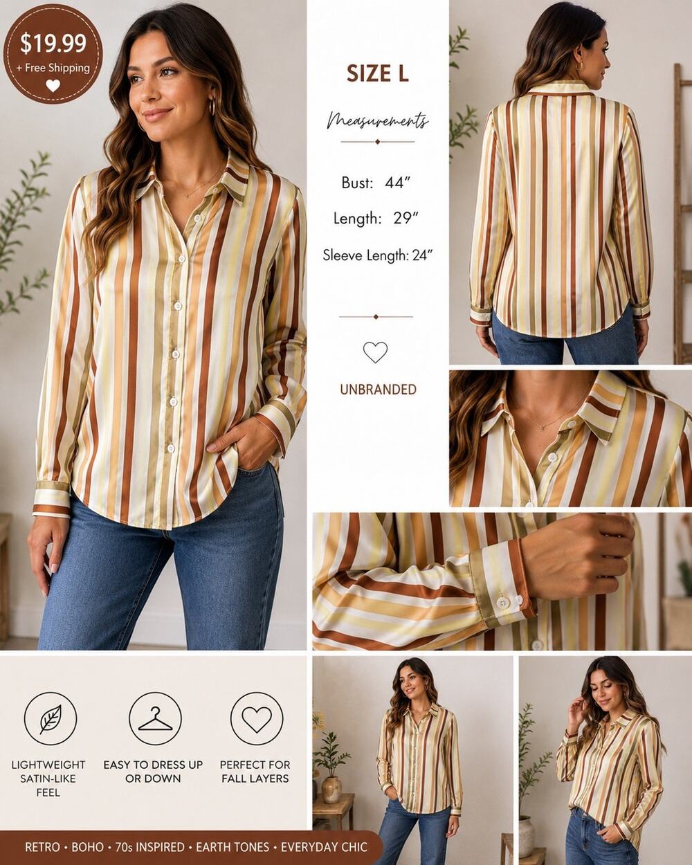 Women’s Large Striped Satin Blouse Button Down Long Sleeve Brown Olive Yellow